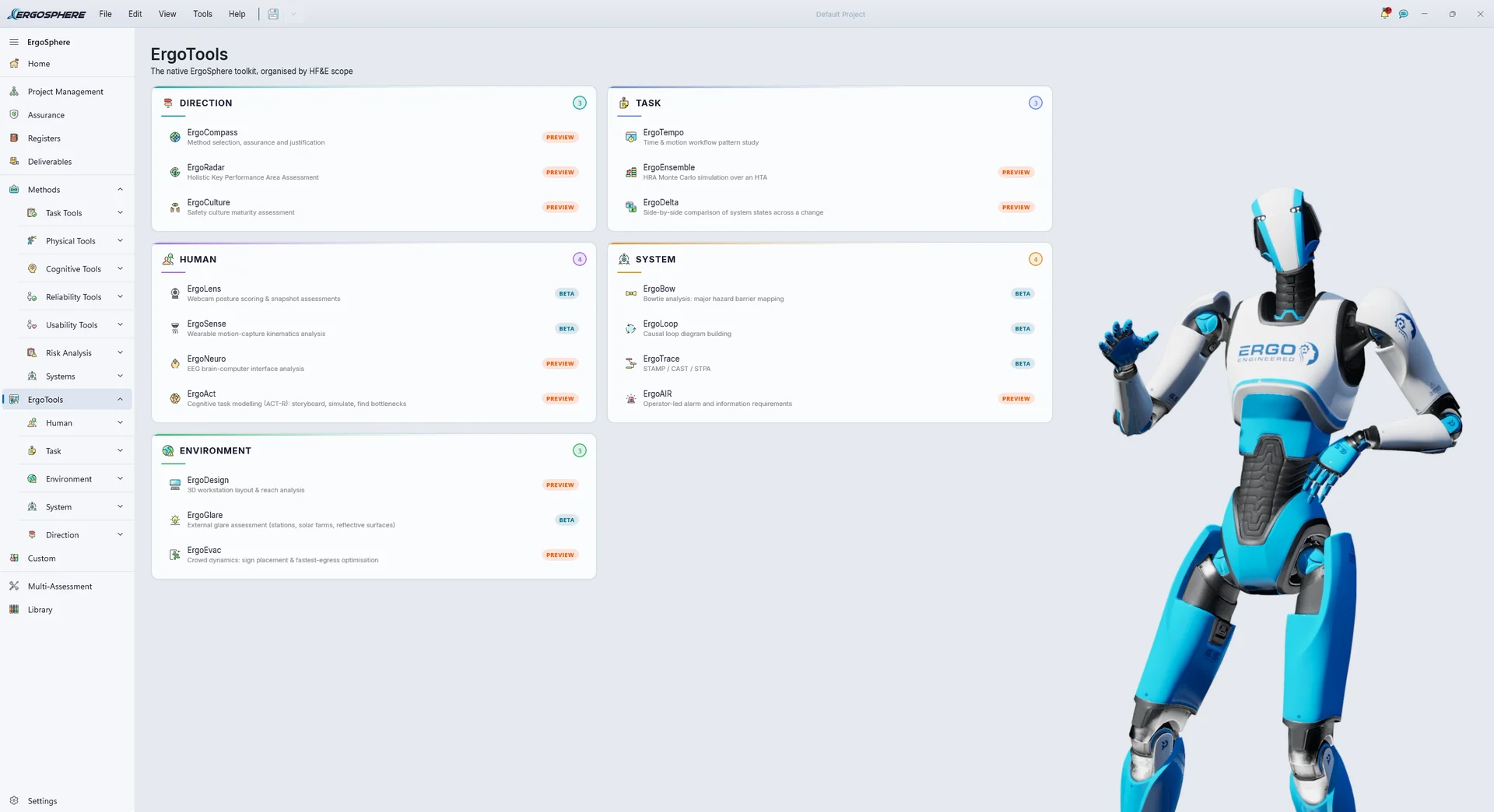 The ErgoTools home page: the native ErgoSphere toolkit organised by human, task, environment and system scope, with the ErgoSphere robot mascot alongside