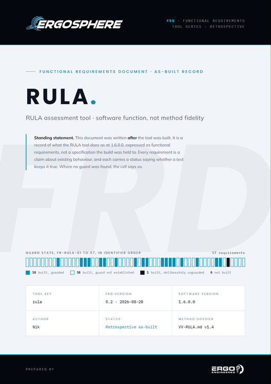 Cover of ES-FRD-002, the RULA tool functional requirements document