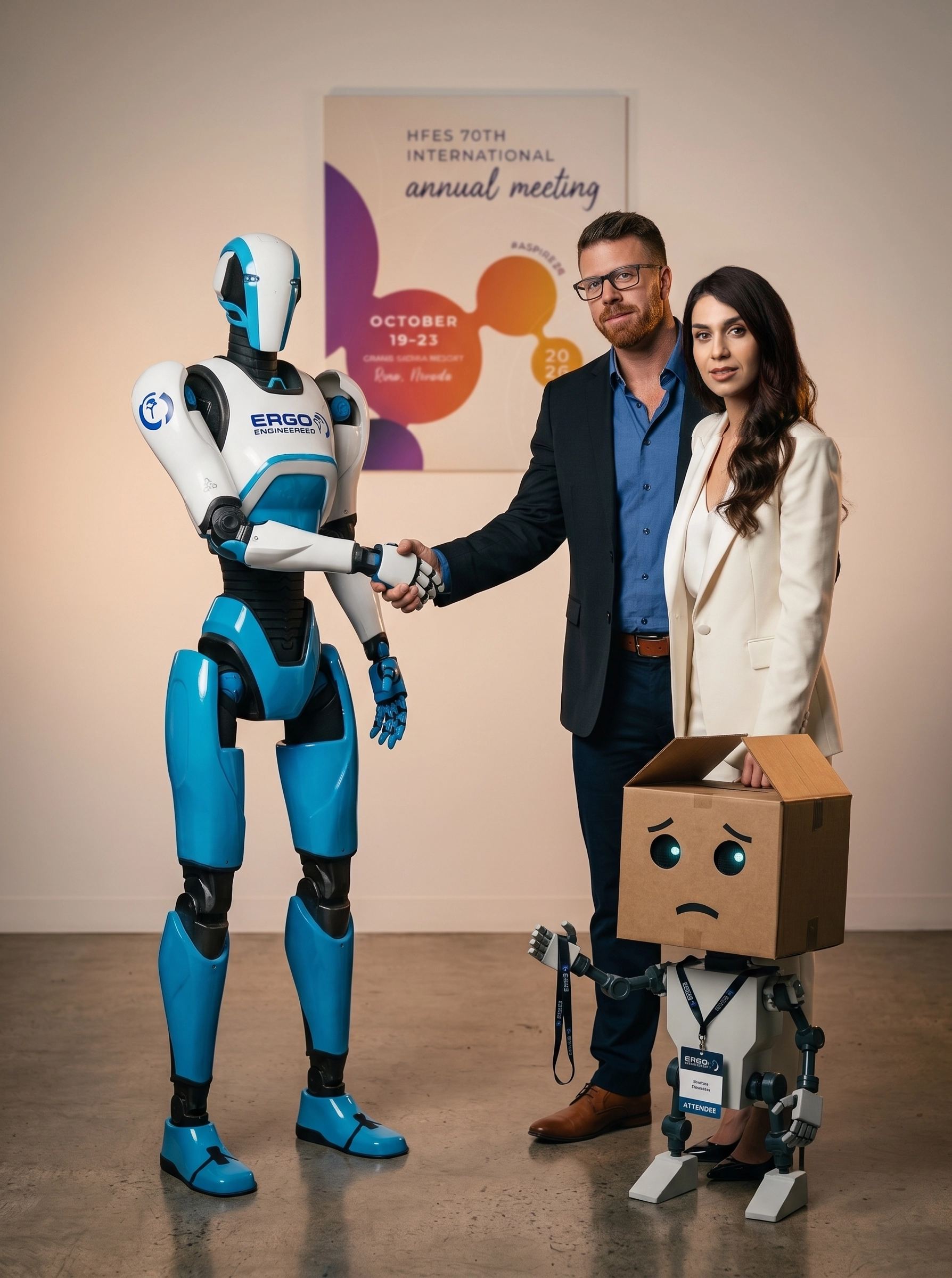 Nik shaking hands with Harry while Parnia stands beside Charlie, who is wearing his attendee badge and carrying the box, in front of the HFES ASPIRE 2026 poster