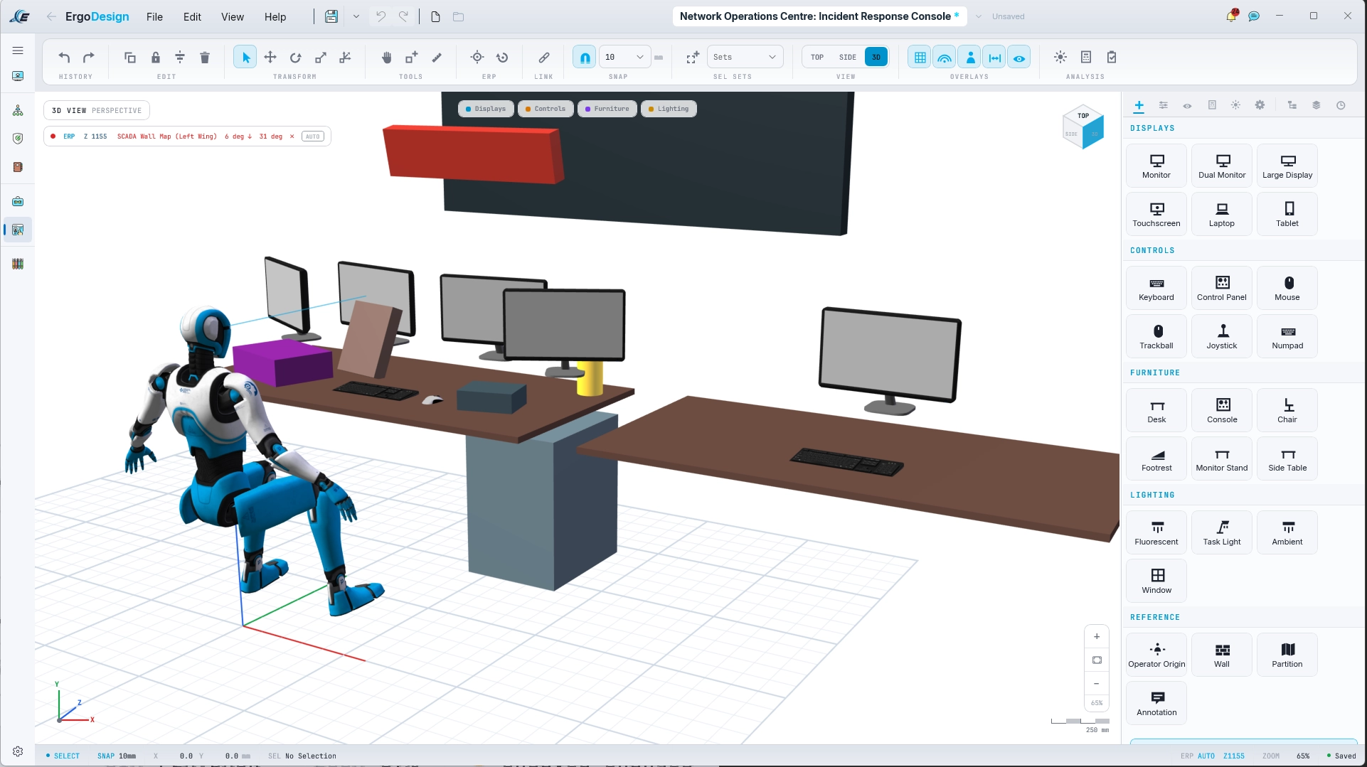 The same ErgoDesign workstation model in 3D: operator manikin at a desk with monitor, keyboard and item properties panel