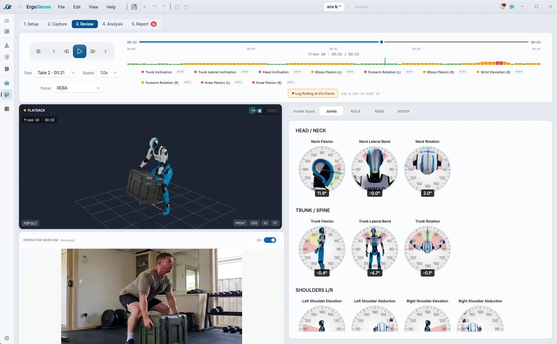 ErgoSense review screen: 3D skeleton playback of a motion capture take, synced operator webcam, and joint-angle dials for head, neck, trunk and shoulders