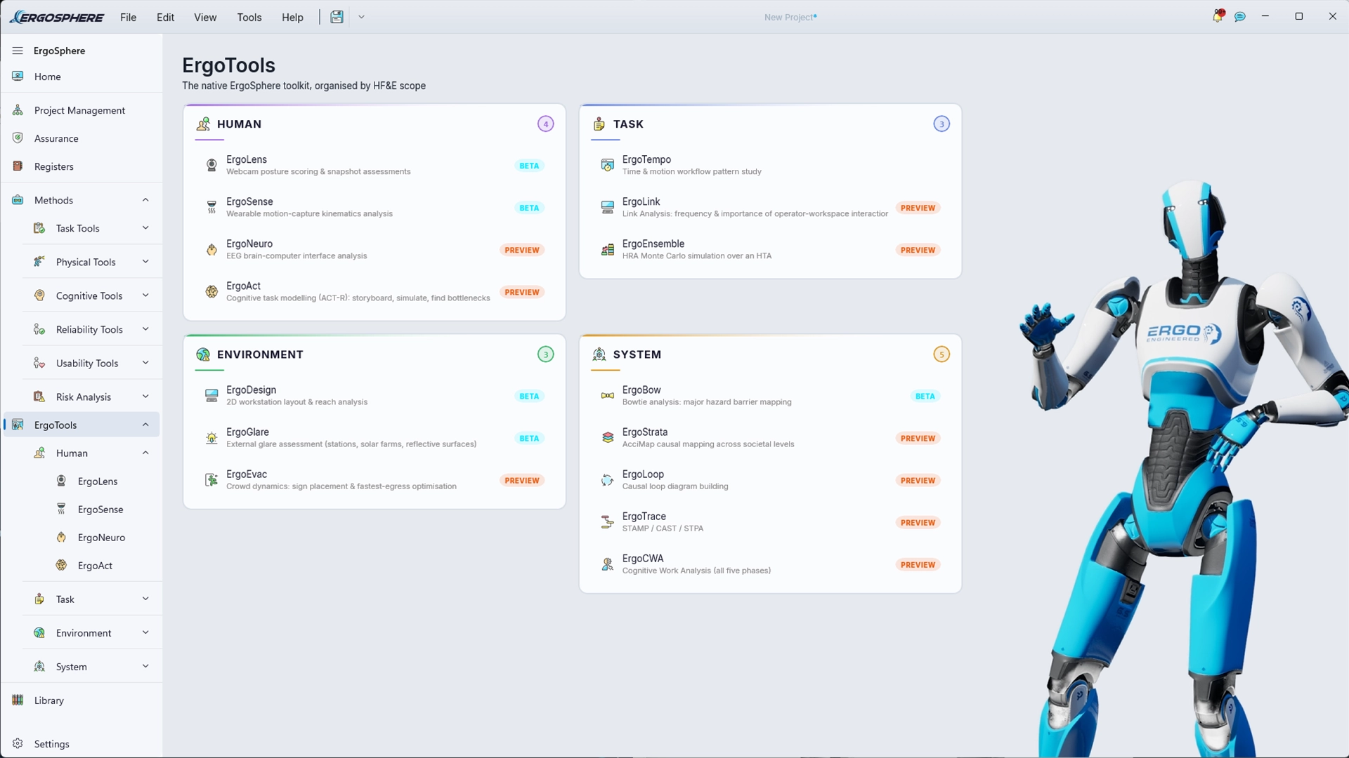 The ErgoTools home page: the native ErgoSphere toolkit organised by human, task, environment and system scope, with the ErgoSphere robot mascot alongside