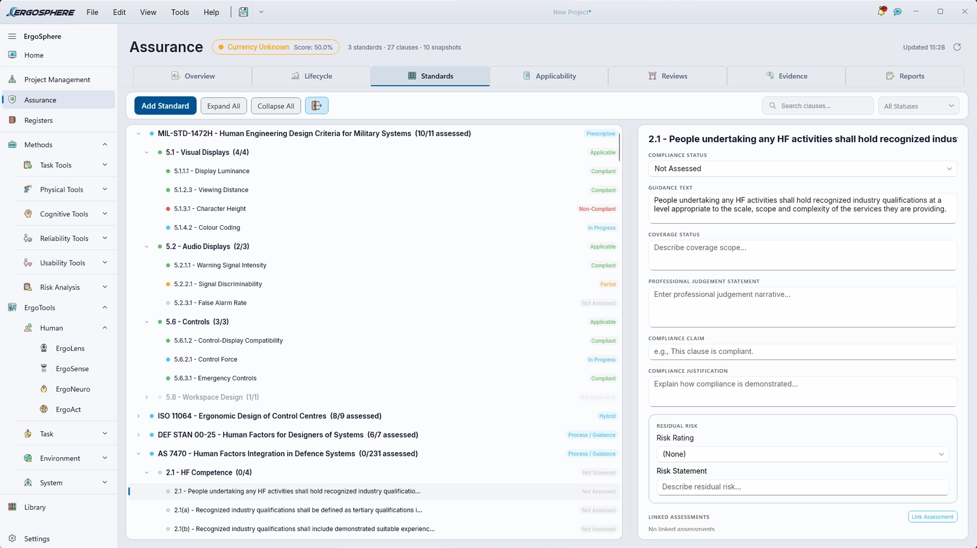 The Assurance Standards tab: MIL-STD-1472H, ISO 11064, DEF STAN 00-25 and AS 7470 loaded clause by clause with per-clause compliance status, and a clause detail panel with professional judgement and residual risk