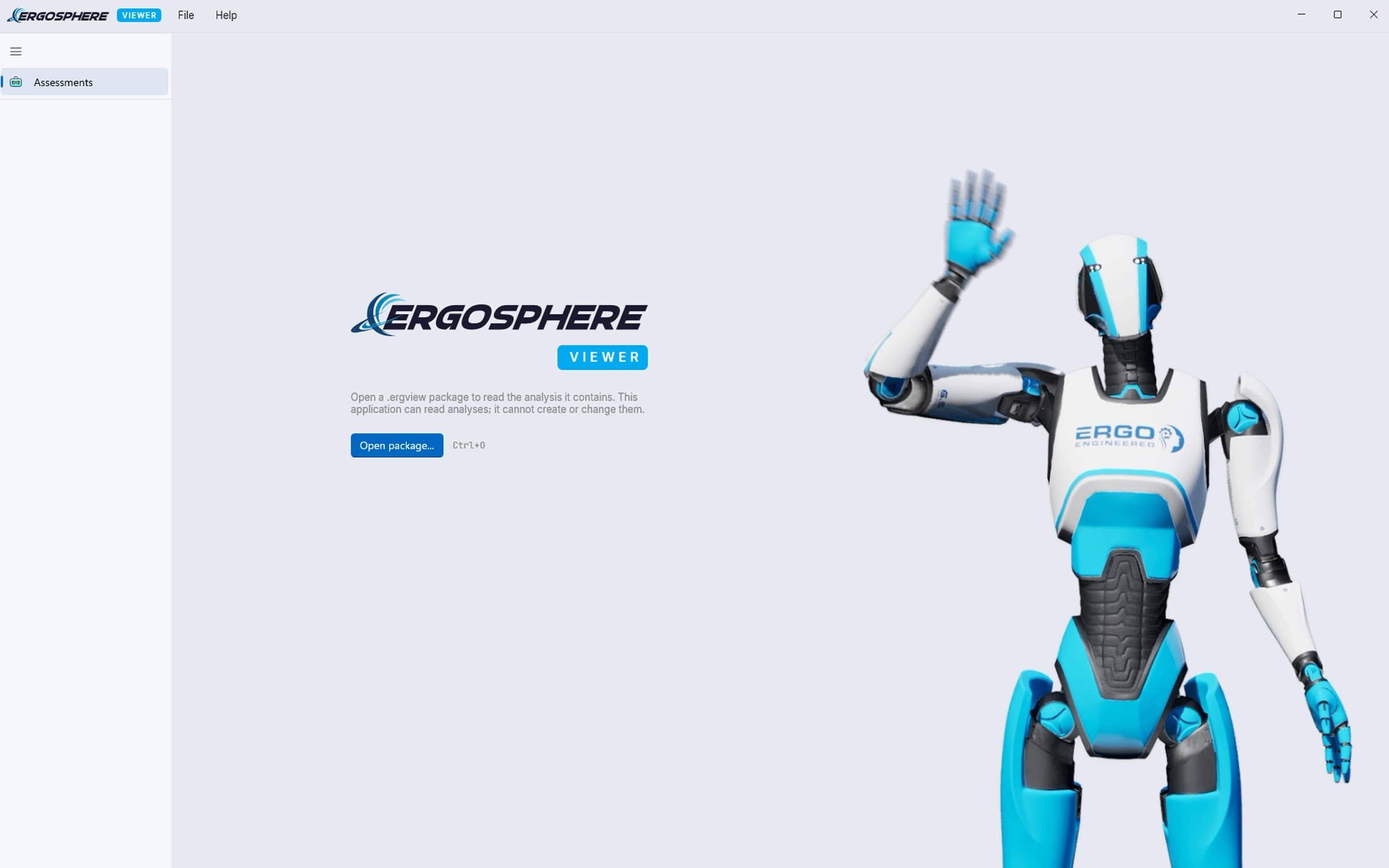 The ErgoSphere Viewer home screen, with an option to open an issued .ergview package