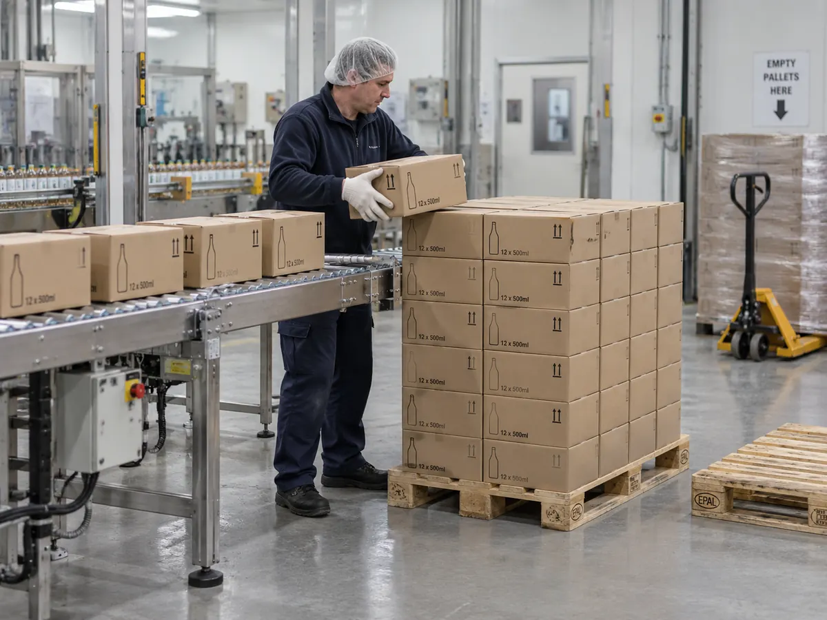 A packing line: an operator lifting a case of bottles from the end of a roller conveyor onto a part-built pallet stack, with an empty pallet and a pallet jack behind.