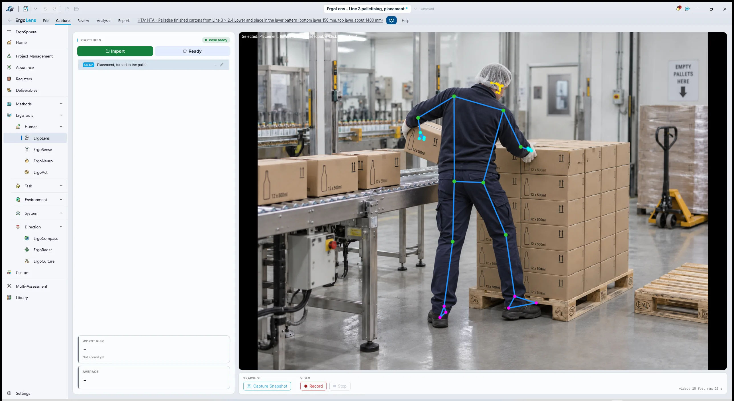 ErgoLens Capture step: the imported phone photo of a mid-layer placement with the pose skeleton drawn over the operator, the "Pose ready" pill, the capture listed as "Placement, turned to the pallet", the linked HTA node in the header, and the two risk tiles reading "Not scored yet".