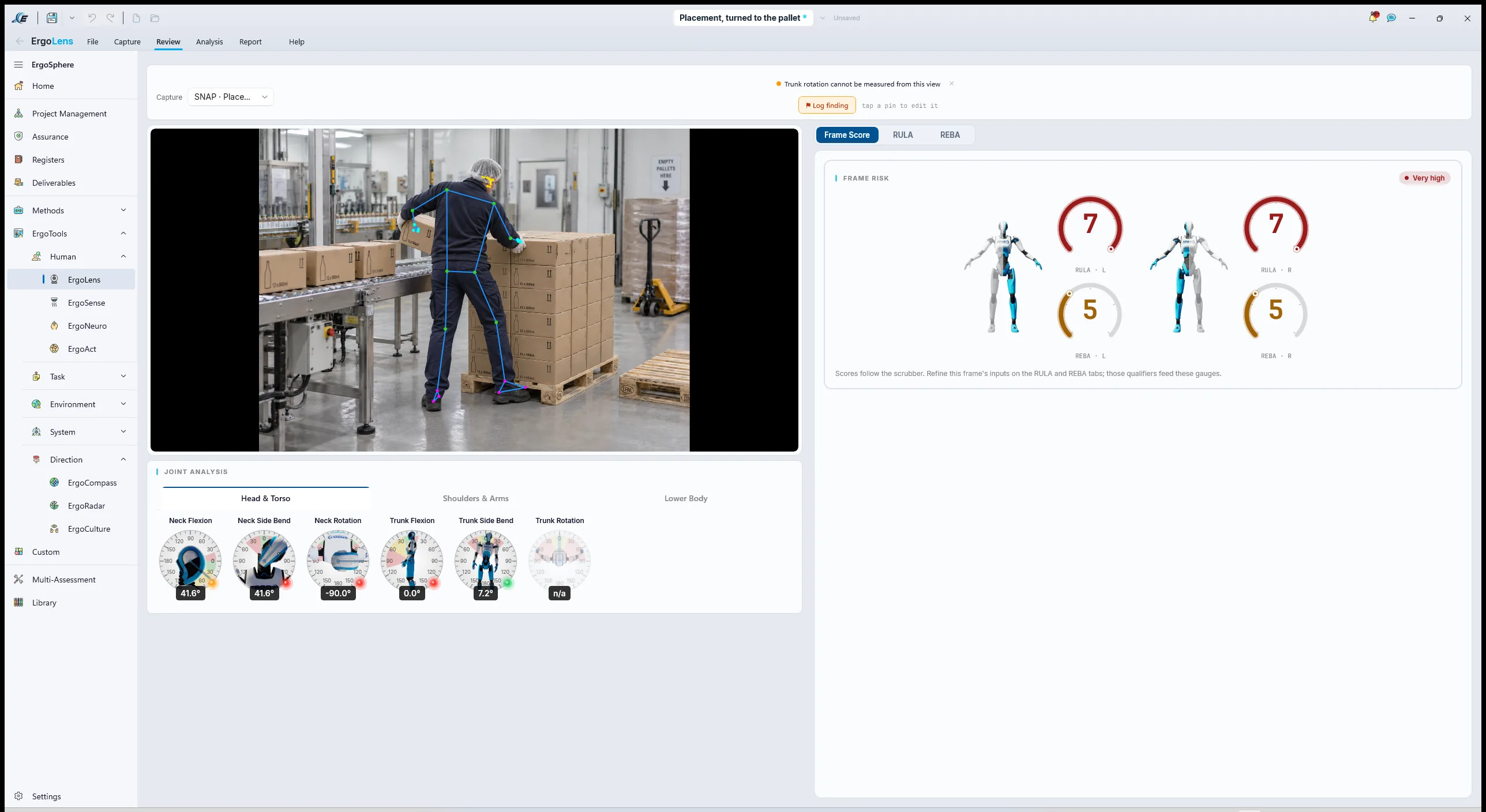 ErgoLens Review step, Frame Score: frame risk Very high, RULA 7 and REBA 5 on both sides, the Joint Analysis dials with trunk rotation greyed at "n/a", and the logged finding "Trunk rotation cannot be measured from this view".
