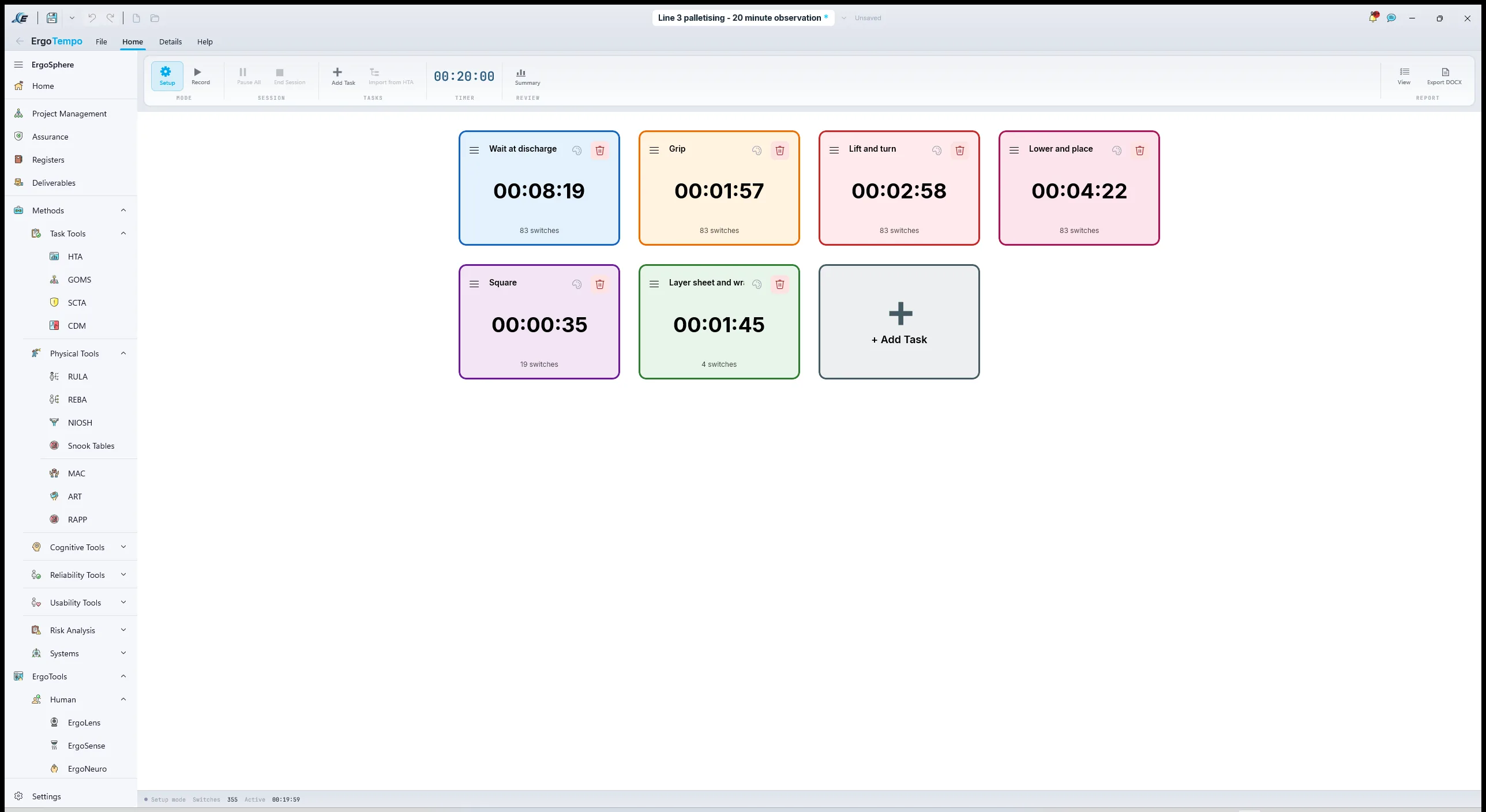ErgoTempo in Record mode: six task cards including "Wait at discharge" and "Lower and place", one card active and recording, the timer running past ten minutes, Pause All and End Session in the ribbon, the status bar reading Record mode with the switch count.