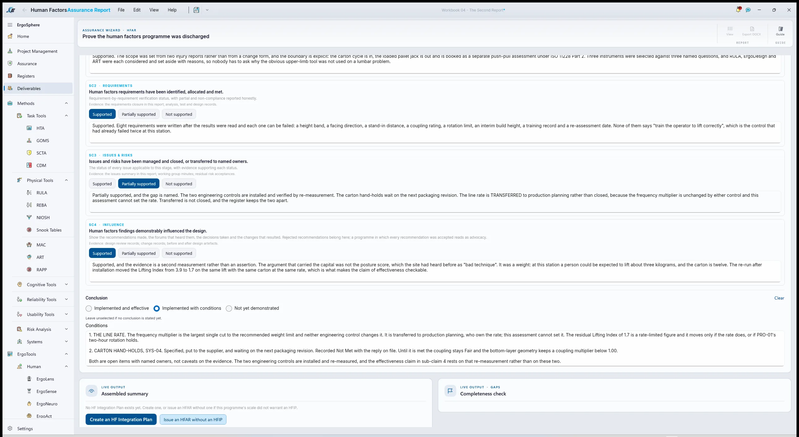 Close-out wizard, The argument: the four sub-claims each positioned and reasoned, SC1 Scope Supported, SC2 Requirements Supported, SC3 Issues and Risks Partially supported and SC4 Influence Supported; the Conclusion set to "Implemented with conditions"; and the Conditions box naming both, the line rate transferred to production planning and SYS-04 carton hand-holds Not Met with the supplier reply on file.